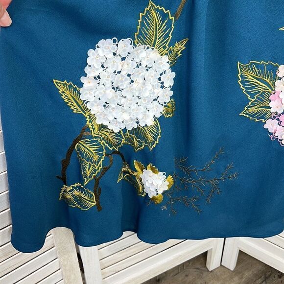 Anthropologie Varun Bahl Teal Hydrangea Swing Dress 2 - Picture 4 of 12